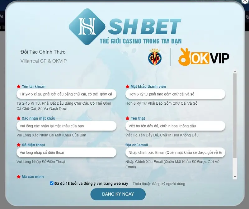 Anh em điền đầy đủ thông tin đăng ký Shbet